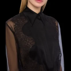 ALBERTA FERRETTI Chemise mousseline soie plastron satin noir bouton