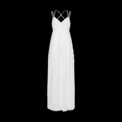 ALBERTA FERRETTI Robe longue col V bretelle fine coton blanc dentelle fleurie