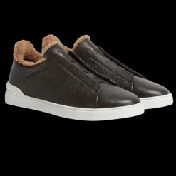 baskets basses ZEGNA Triple Stitch™ cuir de cerf marron shearling