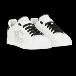 Baskets DOLCE & GABBANA Portofino cuir veau nappa blanc logo DG perfore noir