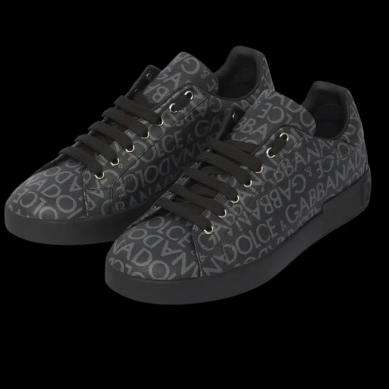 baskets DOLCE & GABBANA Portofino cuir noir logo Jacquard gris