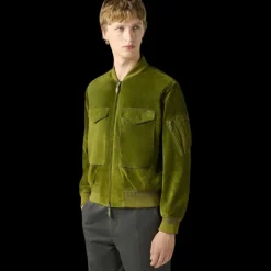BERLUTI Blouson bomber zippé militaire daim suède vert poche manche