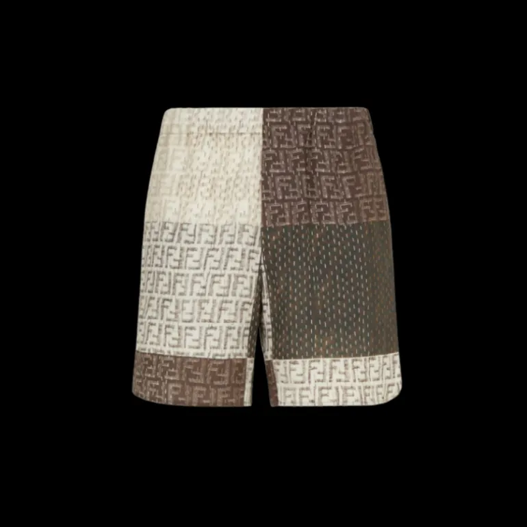 Bermuda taille élastique FENDI lin FF multicolore brun vert patchwork