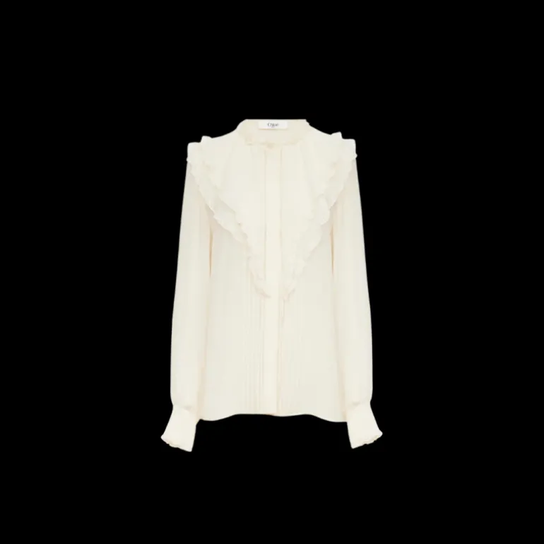 Blouse fluide CHLOE à volants Georgette soie écrue dentelle fleurs