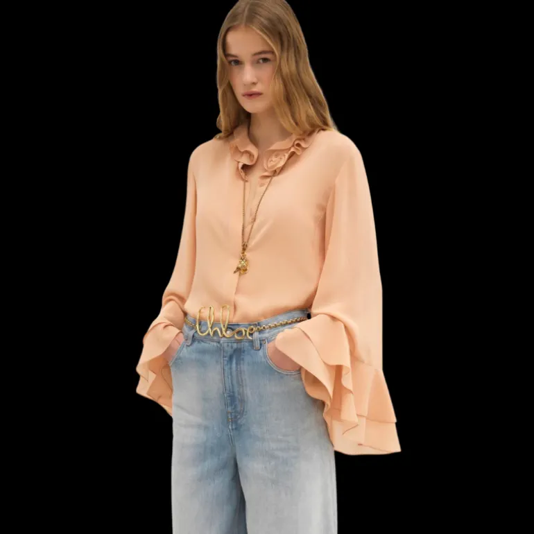 Blouse fluide CHLOE Georgette de soie bio beige col poignets volants