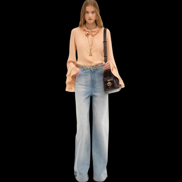 Blouse fluide CHLOE Georgette de soie bio beige col poignets volants