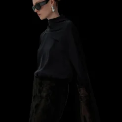 blouse MAGDA BUTRYM col rond soie noir drapé col effet cape