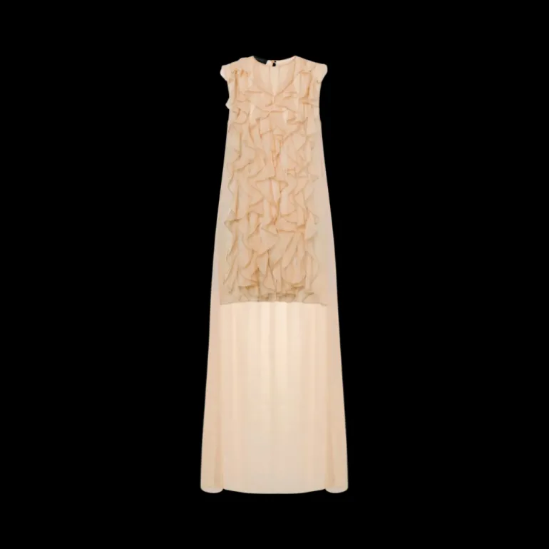 Blouse sans manche ALBERTA FERRETTI à volant soie beige rosé traine dos