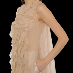 Blouse sans manche ALBERTA FERRETTI à volant soie beige rosé traine dos