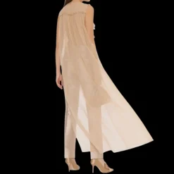 Blouse sans manche ALBERTA FERRETTI à volant soie beige rosé traine dos