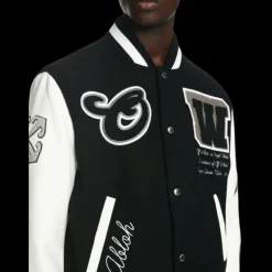 Blouson bomber OFF WHITE laine cuir noir manches blanches broderies