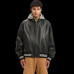 Blouson Bomber PALM ANGELS cuir noir capuche coton gris logo dos blanc