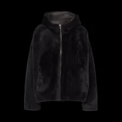 Blouson capuche YVES SALOMON peau lainée agneau shearling marron chocolat