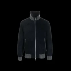 Blouson peau lainée bleu marine bord côtelé gris-brunello-cucinelli