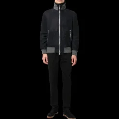 Blouson peau lainée bleu marine bord côtelé gris-brunello-cucinelli