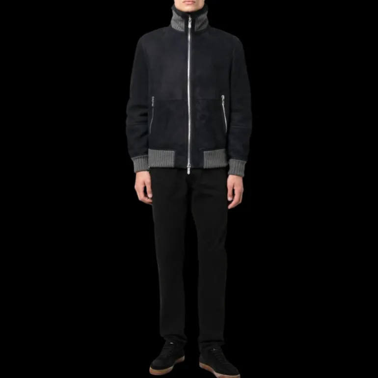 Blouson peau lainée bleu marine bord côtelé gris-brunello-cucinelli