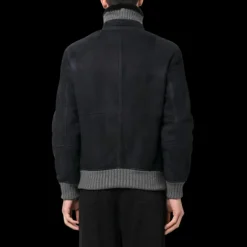 Blouson peau lainée bleu marine bord côtelé gris-brunello-cucinelli