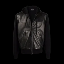 Blouson réversible à capuche bi matière cuir tricot manches noir