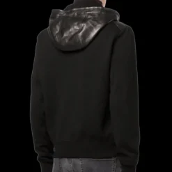 Blouson réversible à capuche bi matière cuir tricot manches noir