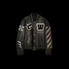 Blouson universitaire OFF WHITE Teddy cuir noir manche laine patch logo flèche
