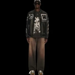 Blouson universitaire OFF WHITE Teddy cuir noir manche laine patch logo flèche