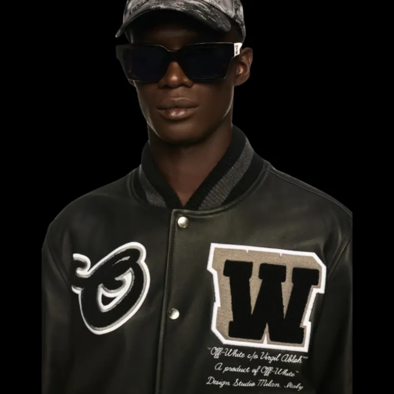 Blouson universitaire OFF WHITE Teddy cuir noir manche laine patch logo flèche