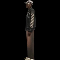 Blouson universitaire OFF WHITE Teddy cuir noir manche laine patch logo flèche