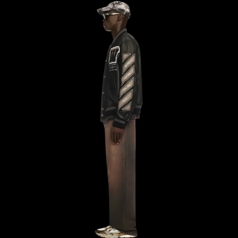 Blouson universitaire OFF WHITE Teddy cuir noir manche laine patch logo flèche