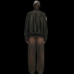 Blouson universitaire OFF WHITE Teddy cuir noir manche laine patch logo flèche