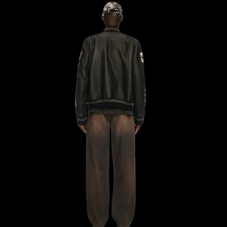 Blouson universitaire OFF WHITE Teddy cuir noir manche laine patch logo flèche