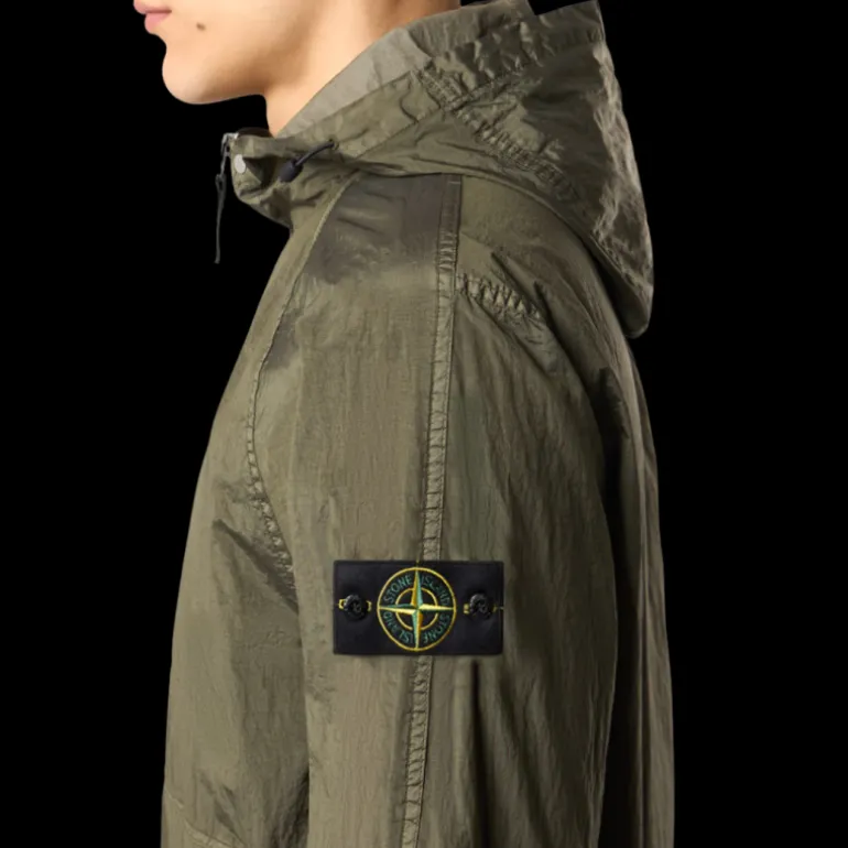 Blouson zippé à capuche STONE ISLAND nylon métal Econyl vert kaki