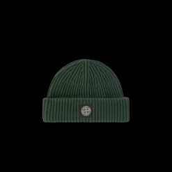Bonnet à côtes anglaises STONE ISLAND laine vert mousse écusson à logo