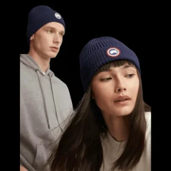 Bonnet à revers CANADA GOOSE laine mérinos côtelée bleu marine