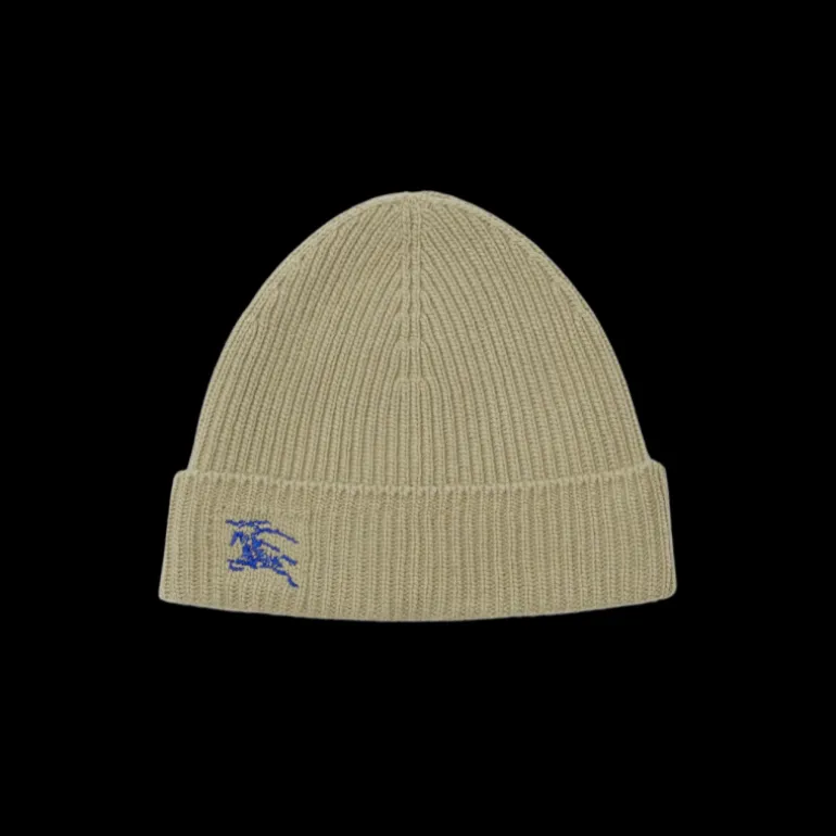 Bonnet BURBERRY cachemire côtelé argile broderie Equestrian Knight bleu