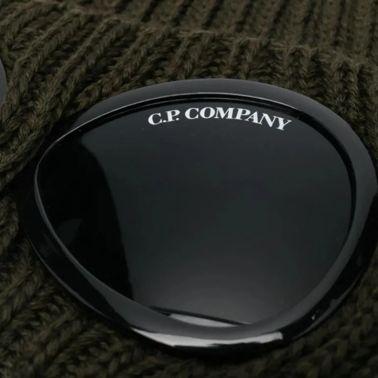 Bonnet CP COMPANY laine côtelée kaki lunettes