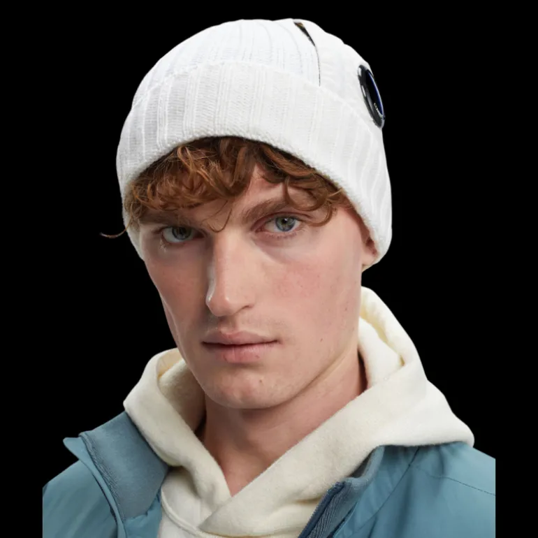 Bonnet CP COMPANY poche lentille laine mérinos extra fine Blanc
