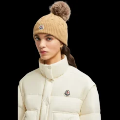Bonnet MONCLER laine cachemire torsade beige pompon marron