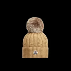 Bonnet MONCLER laine cachemire torsade beige pompon marron
