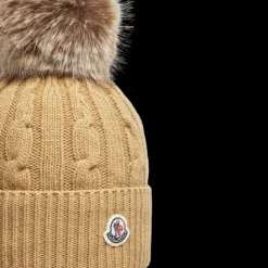 Bonnet MONCLER laine cachemire torsade beige pompon marron