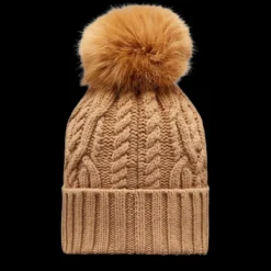 Bonnet MONCLER laine  cachemire torsade beige pompon logo