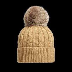 Bonnet MONCLER laine cachemire torsade beige pompon marron