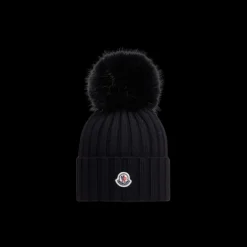 Bonnet MONCLER laine mérinos noir pompon