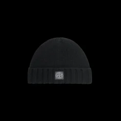 Bonnet STONE ISLAND laine vierge côtelée noire logo