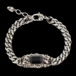 Bracelet chaine ALEXANDER MCQUEEN Ivy Skull argent vielli Pierre noire