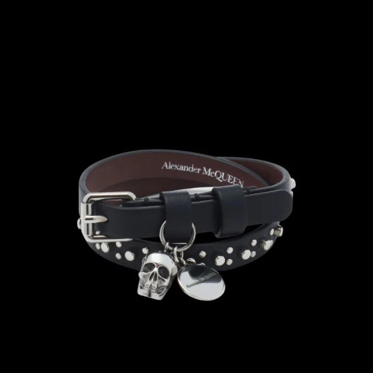 Bracelet double ALEXANDER MCQUEEN Tour Skull cuir noir tête de mort clous