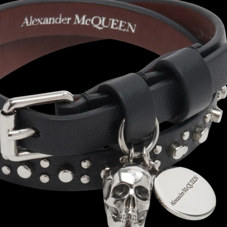 Bracelet double ALEXANDER MCQUEEN Tour Skull cuir noir tête de mort clous