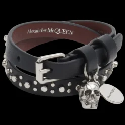 Bracelet double ALEXANDER MCQUEEN Tour Skull cuir noir tête de mort clous