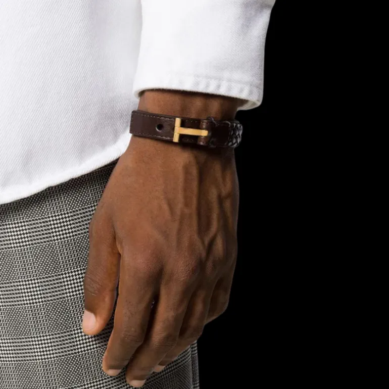 Bracelet TOM FORD cuir tressé marron attache T doré