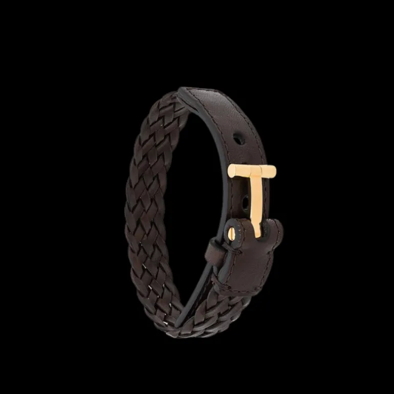 Bracelet TOM FORD cuir tressé marron attache T doré