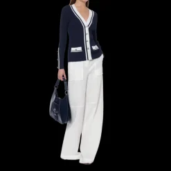Cardigan ALBERTA FERRETTI col V viscose côtelé stretch bleu nuit gansé blanc